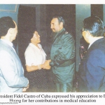 The president of Cuba Fidel Castro express his appreciation to Dr Huang for her auricular medicine treatment