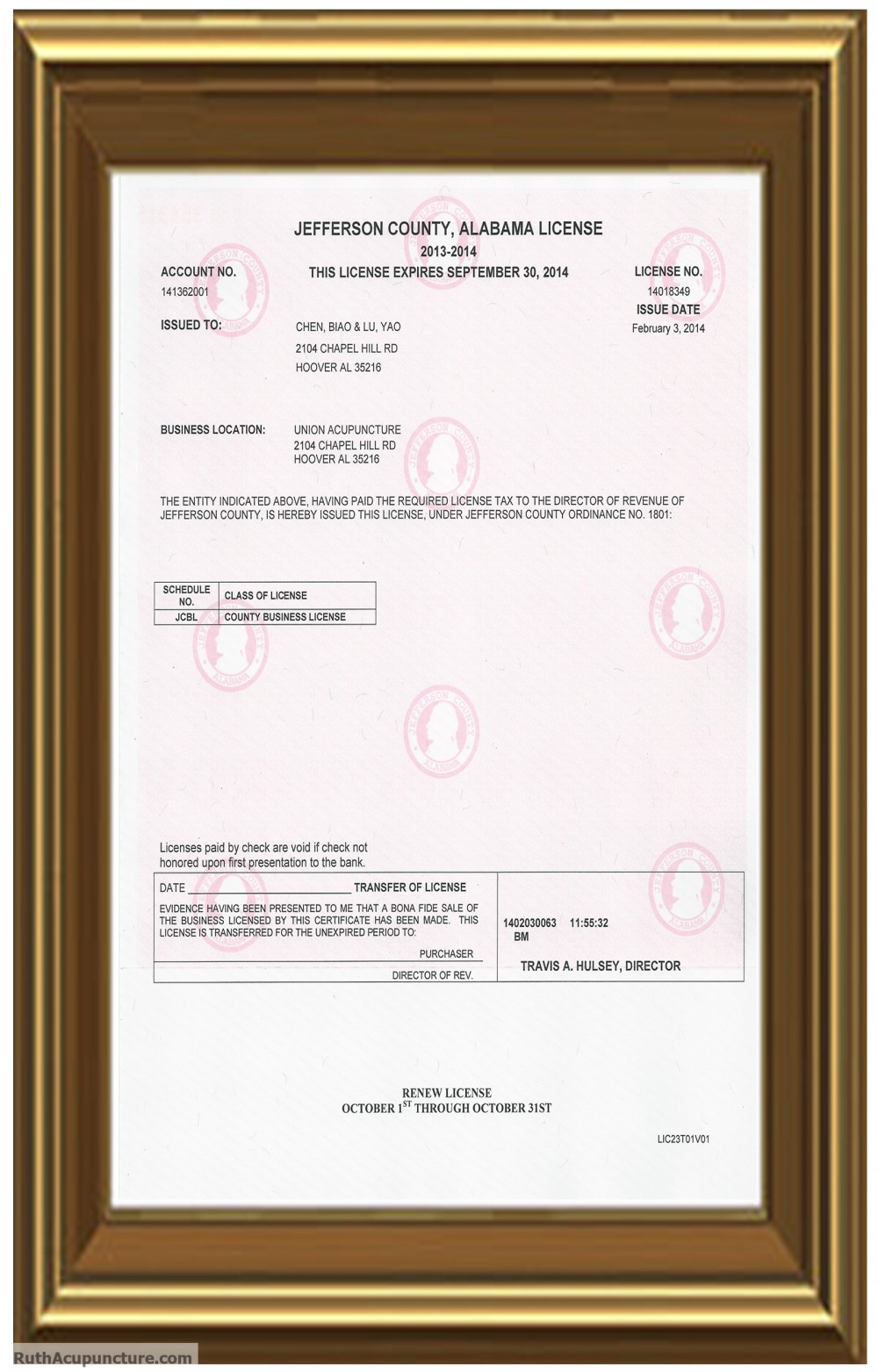 Eastern Acupuncture Natural Therapy Union Acupuncture business license